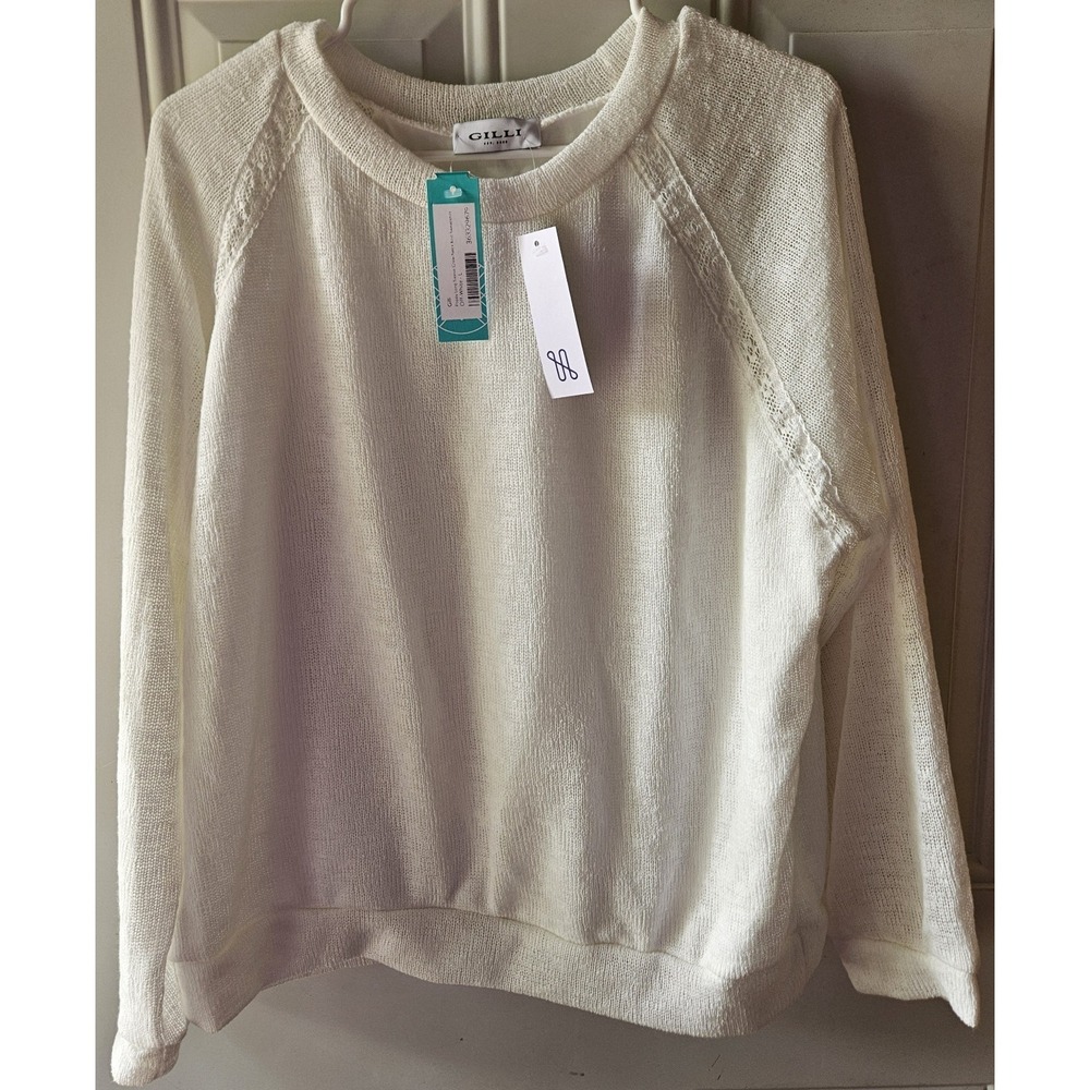 NWT Gilli Womens Large Ivory Crew Neck Knit Sweater Lace Trim Raglan Long Sleeve